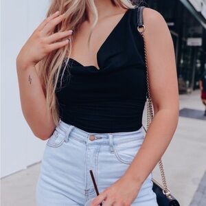 Le Lis Black Asymmetrical Bodysuit Cowl Neck Small NWT